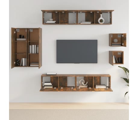 vidaXL TV spintelių komplektas, 8 dalių, dūminio ąžuolo, mediena