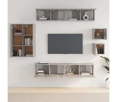 vidaXL TV spintelių komplektas, 8 dalių, pilkas ąžuolo, mediena