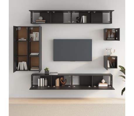 vidaXL Televizoriaus spintelių komplektas, 8 dalių, juodas, mediena