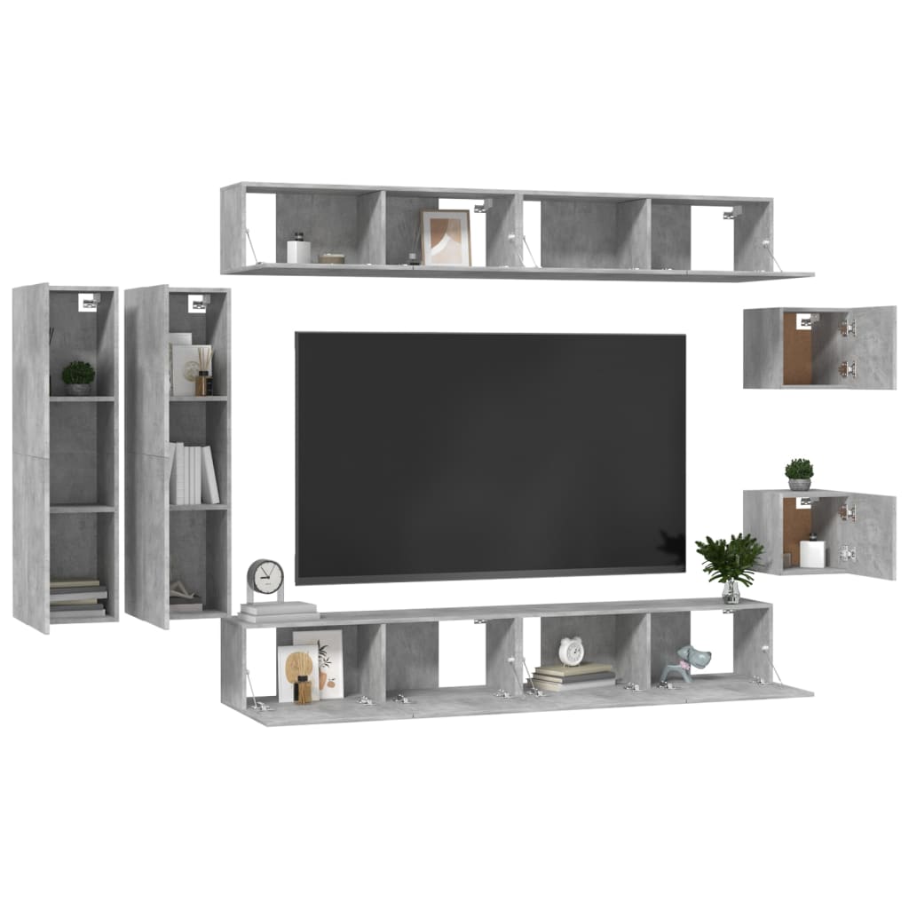 vidaXL Set Mobili Porta TV 8pz Grigio Cemento in Legno Multistrato