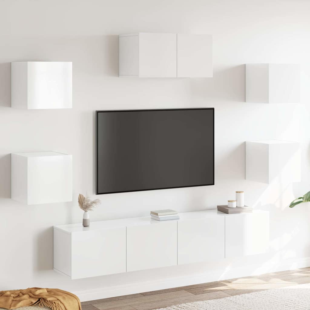 Set dulapuri TV, 7 piese, alb extralucios, lemn prelucrat