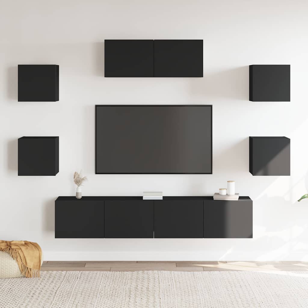 Set dulap TV, 7 piese, negru, lemn prelucrat