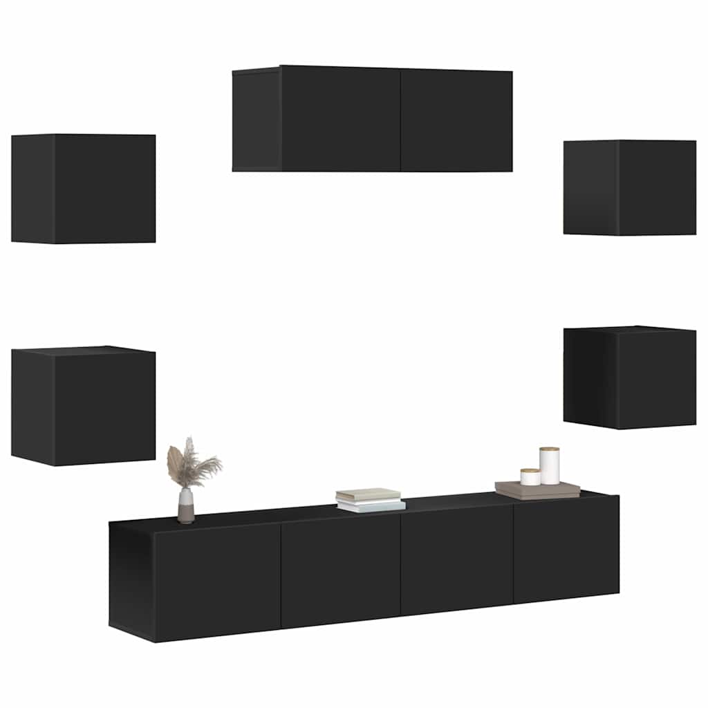 Set dulap TV, 7 piese, negru, lemn prelucrat