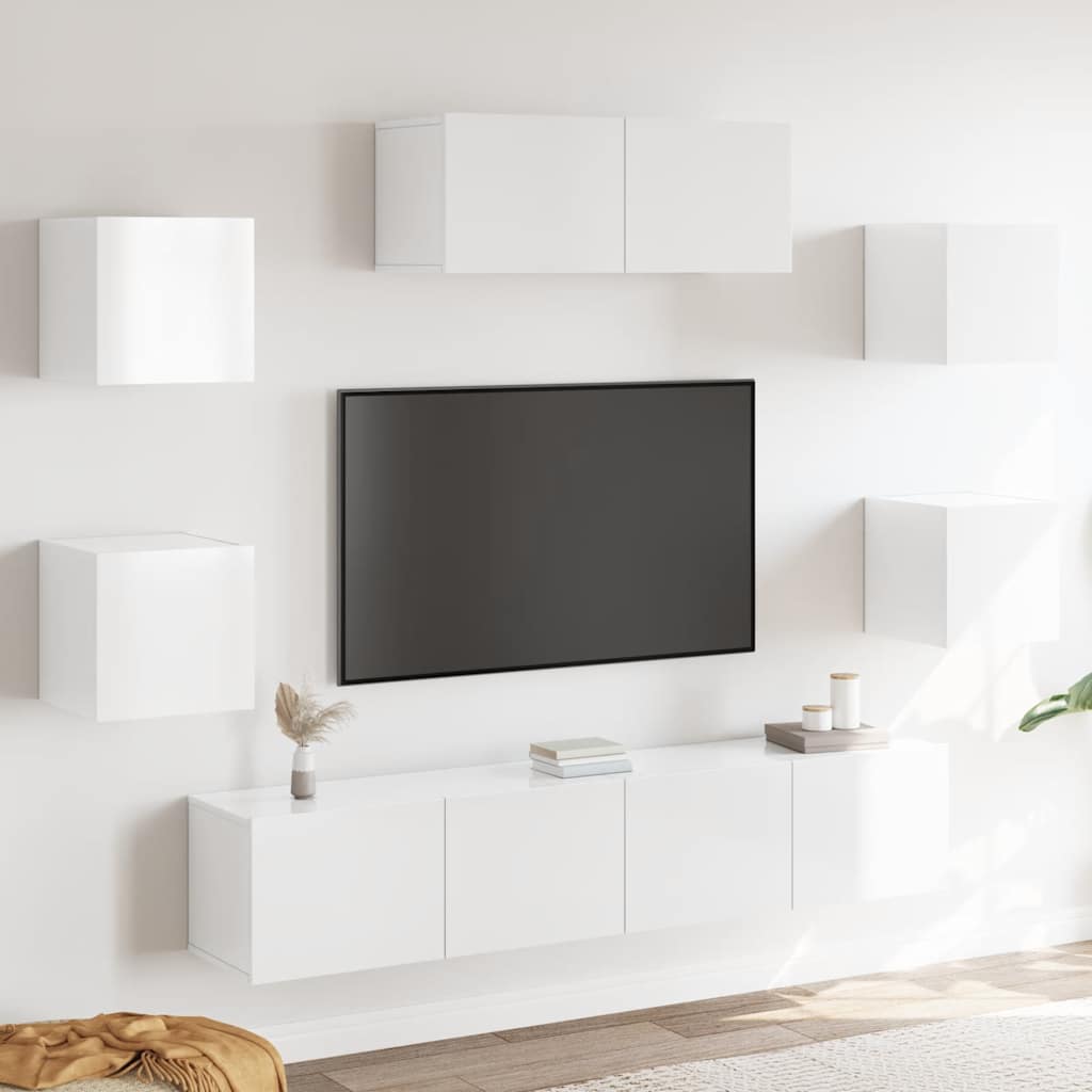 Set dulapuri TV, 7 piese, alb extralucios, lemn prelucrat