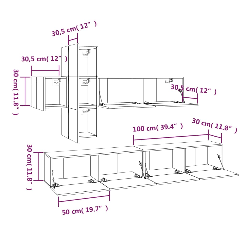 Set dulap TV, 7 piese, negru, lemn prelucrat