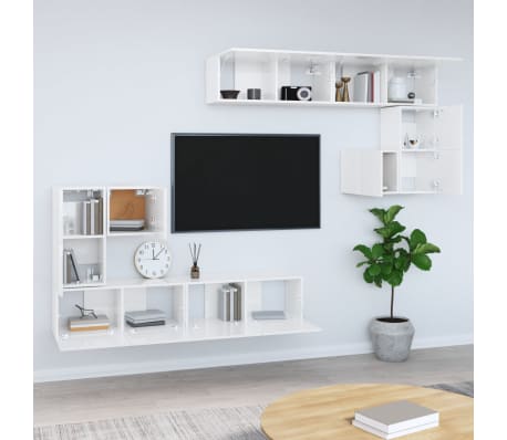 vidaXL Sieninė televizoriaus spintelė, balta, apdirbta mediena, blizgi