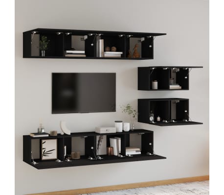 vidaXL TV-skapsett 6 deler svart konstruert tre