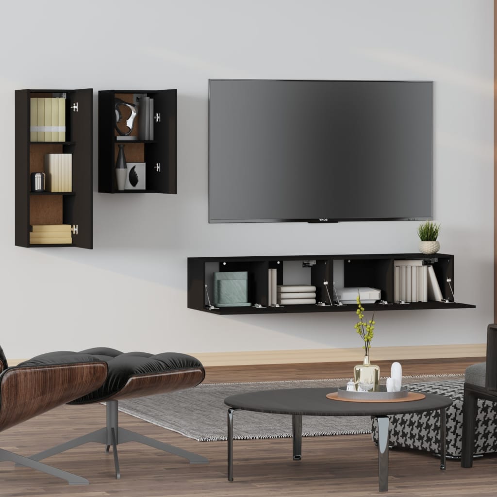 vidaXL 4-delige Tv-meubelset bewerkt hout zwart afbeelding