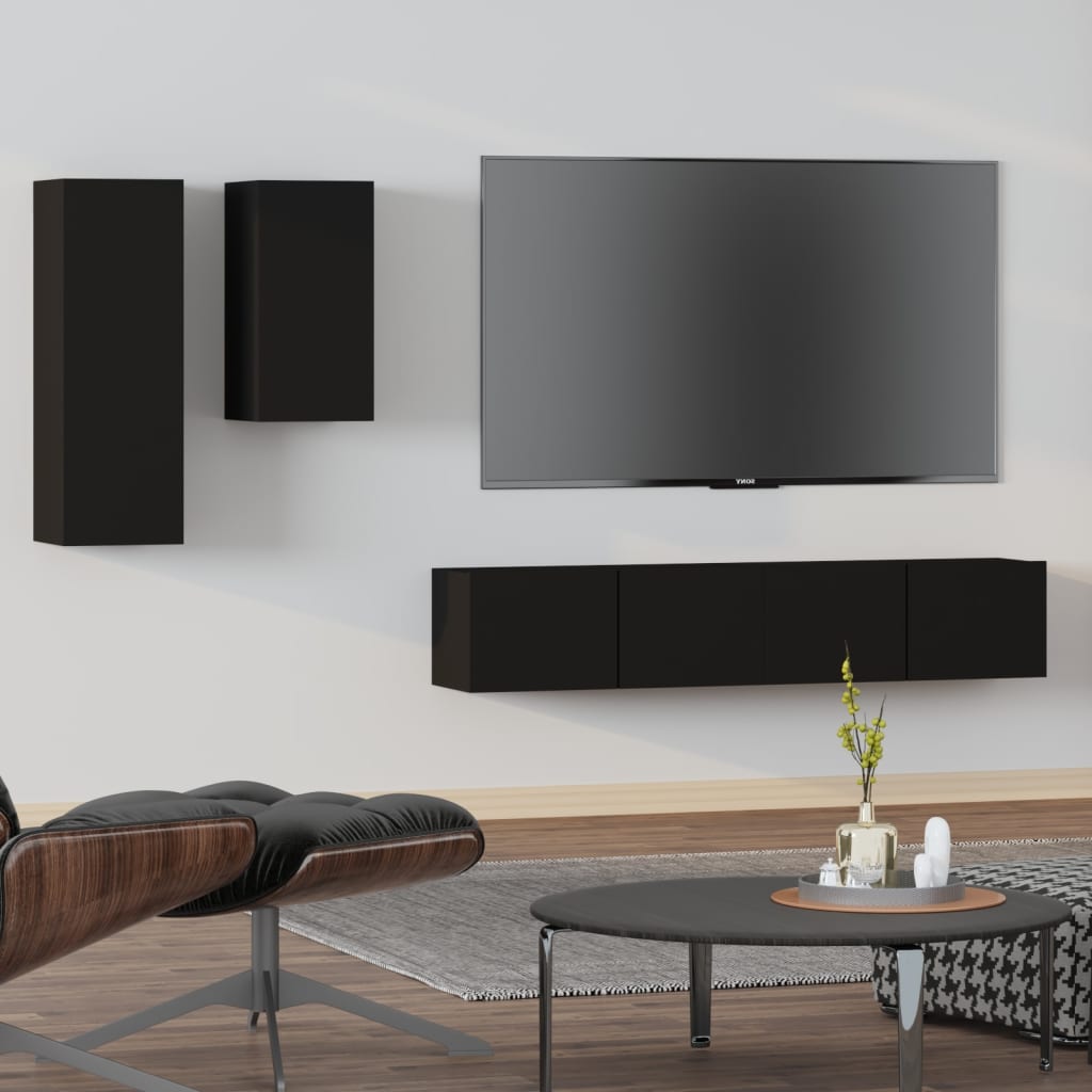 vidaXL Set dulap TV, 4 piese, negru, lemn prelucrat