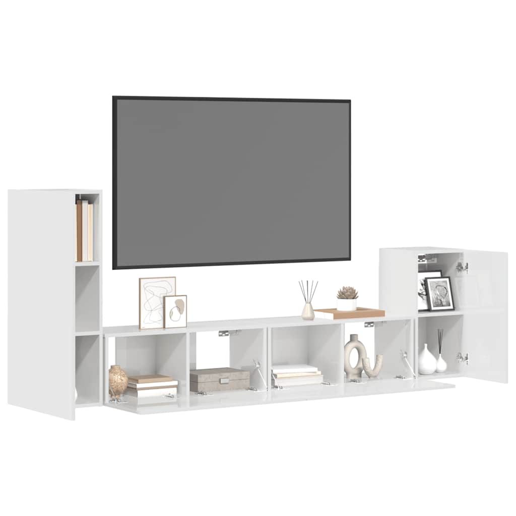 Set dulap TV, 4 piese, alb extralucios, lemn prelucrat