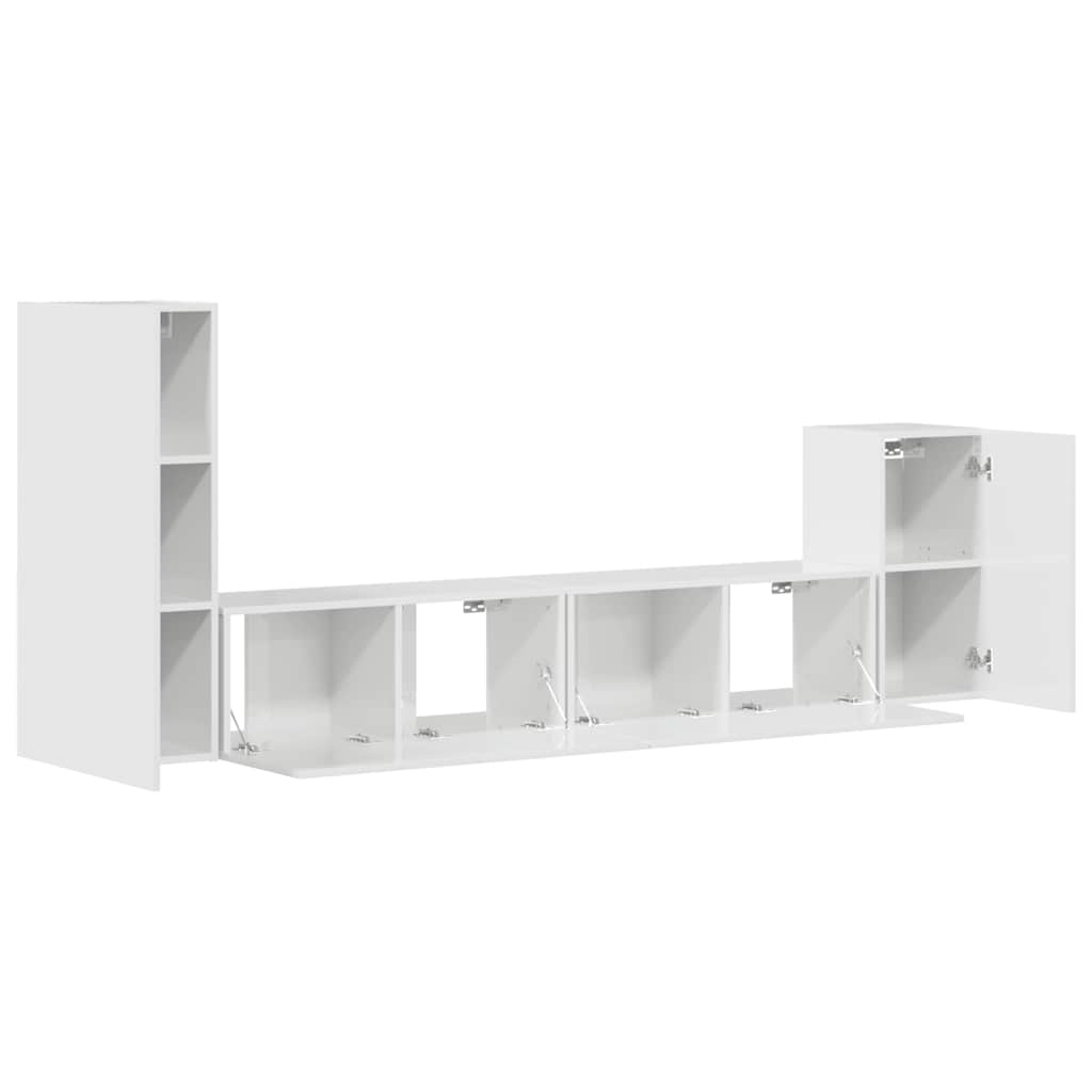 Set dulap TV, 4 piese, alb extralucios, lemn prelucrat