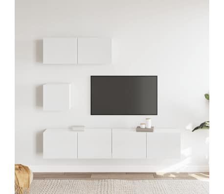 vidaXL TV spintelių komplektas, 4 dalių, baltas, mediena, blizgus