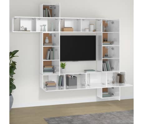 vidaXL TV spintelių komplektas, 9 dalių, baltas, mediena, blizgus