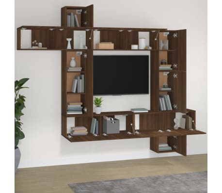vidaXL TV spintelių komplektas, 9 dalių, rudas ąžuolo, mediena