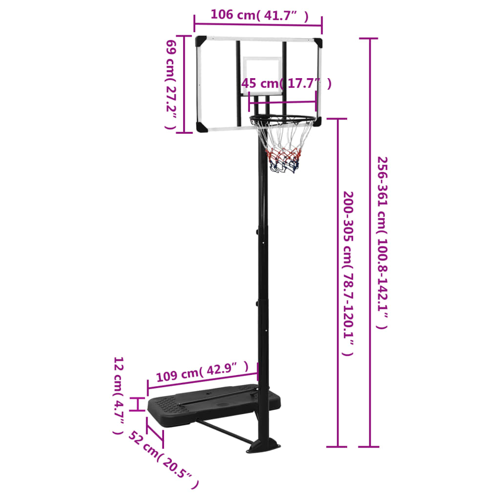 Basketbalový koš s průhlednou deskou 256–361 cm polykarbonát