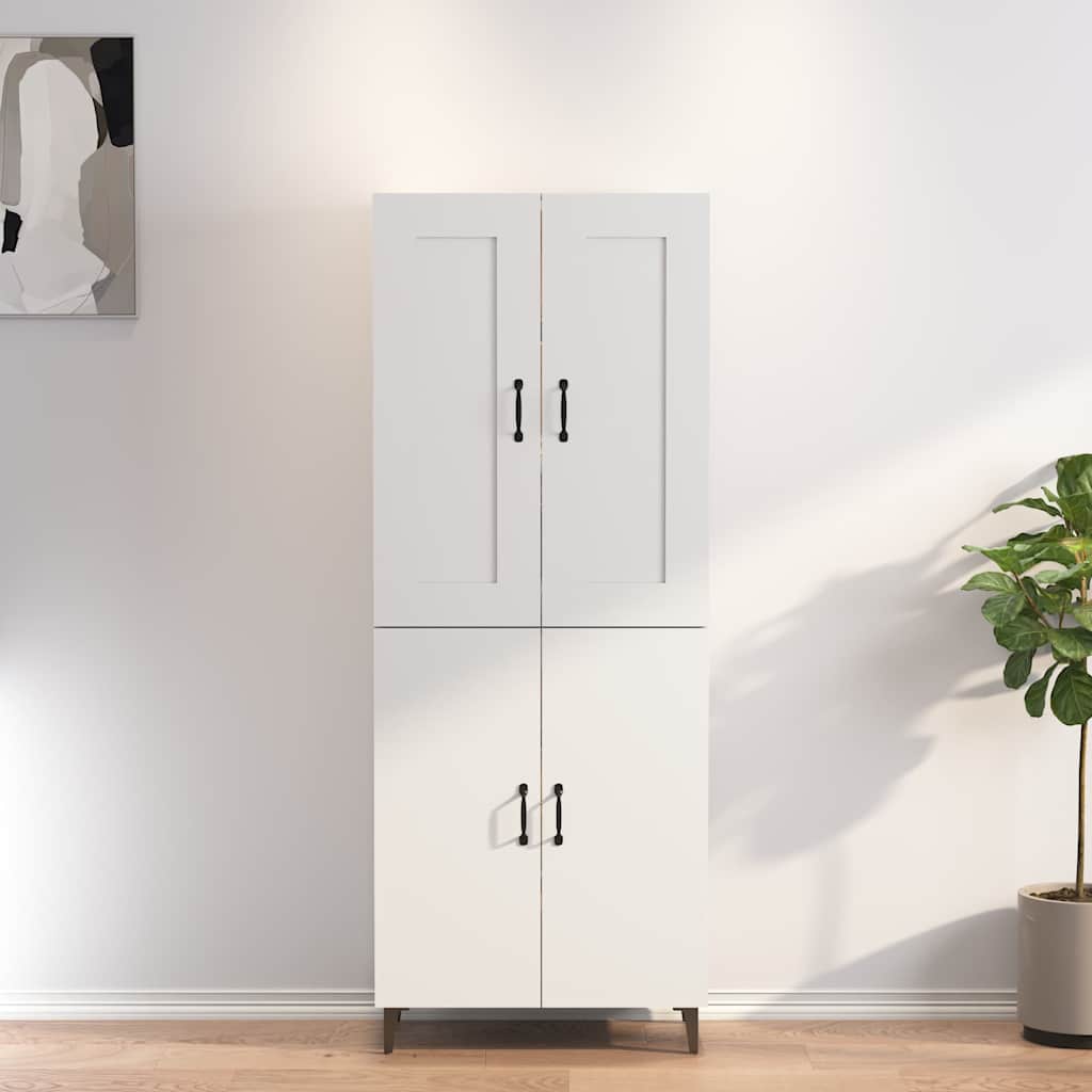 Buffet Haut Blanc 34,5x34x180 Cm - Bois D'Ingénierie Et Pieds Fer | Rangement Optimisé Pour Cuisine, Salon, Bureau