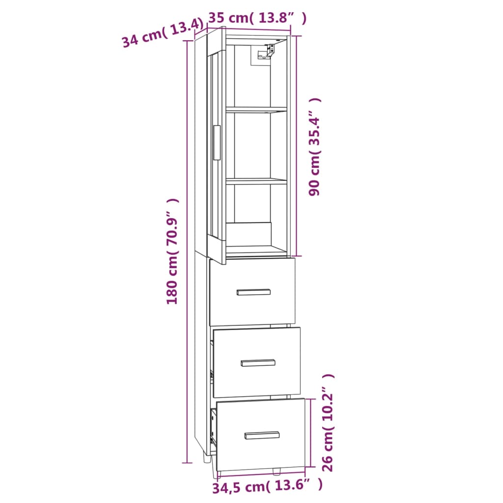 Highboard Grau Sonoma 35x34x180 cm Holzwerkstoff | Stepinfit.de