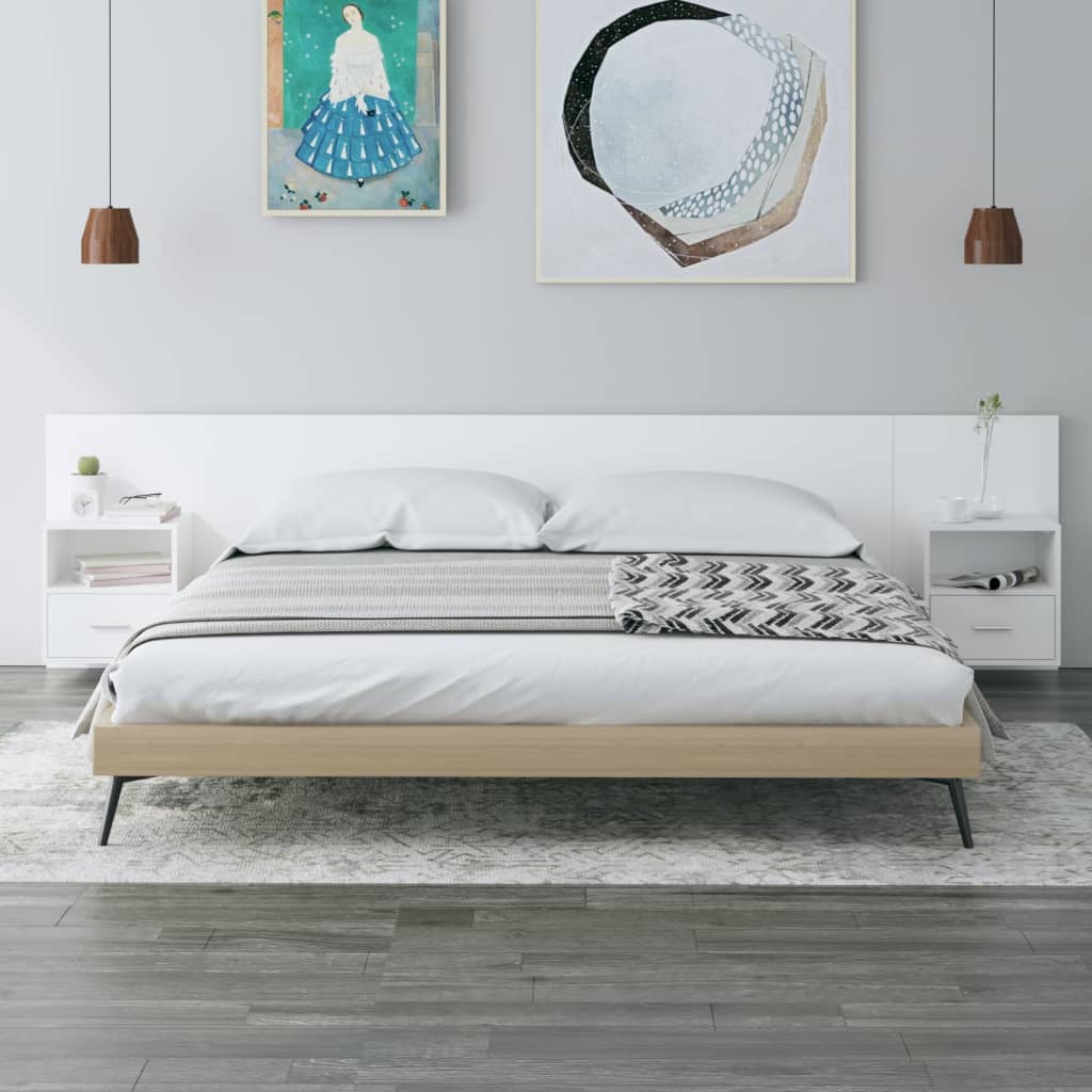Tăblie de pat cu dulapuri, alb extralucios, lemn prelucrat