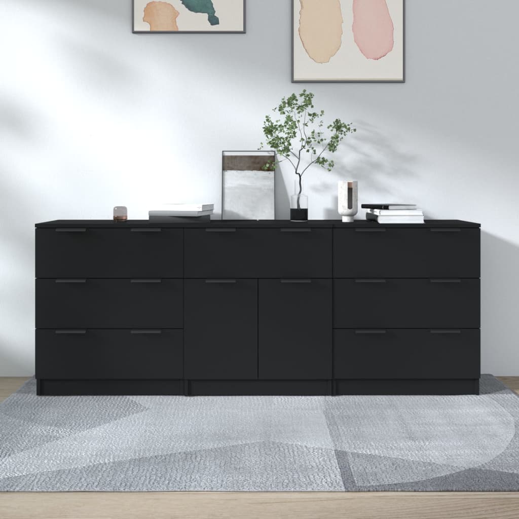 3-tlg. Sideboard Schwarz Holzwerkstoff