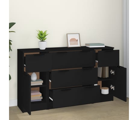 vidaXL Ensemble de buffets 3 pcs Noir Bois d'ingénierie