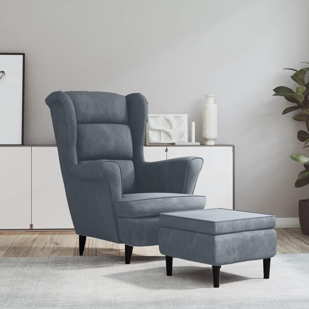 Fauteuil à oreilles avec tabouret Gris foncé Velours
