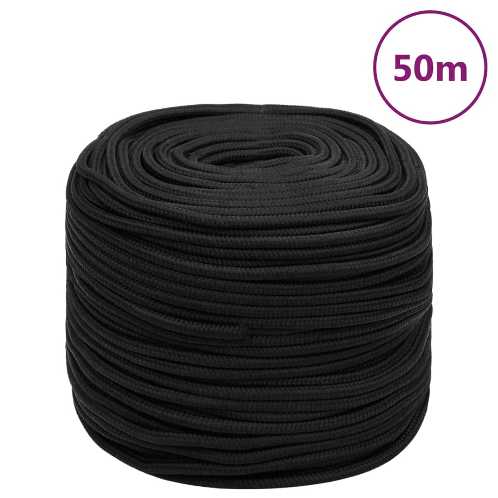 vidaXL Veneköysi täysmusta 10 mm 50 m polypropeeni