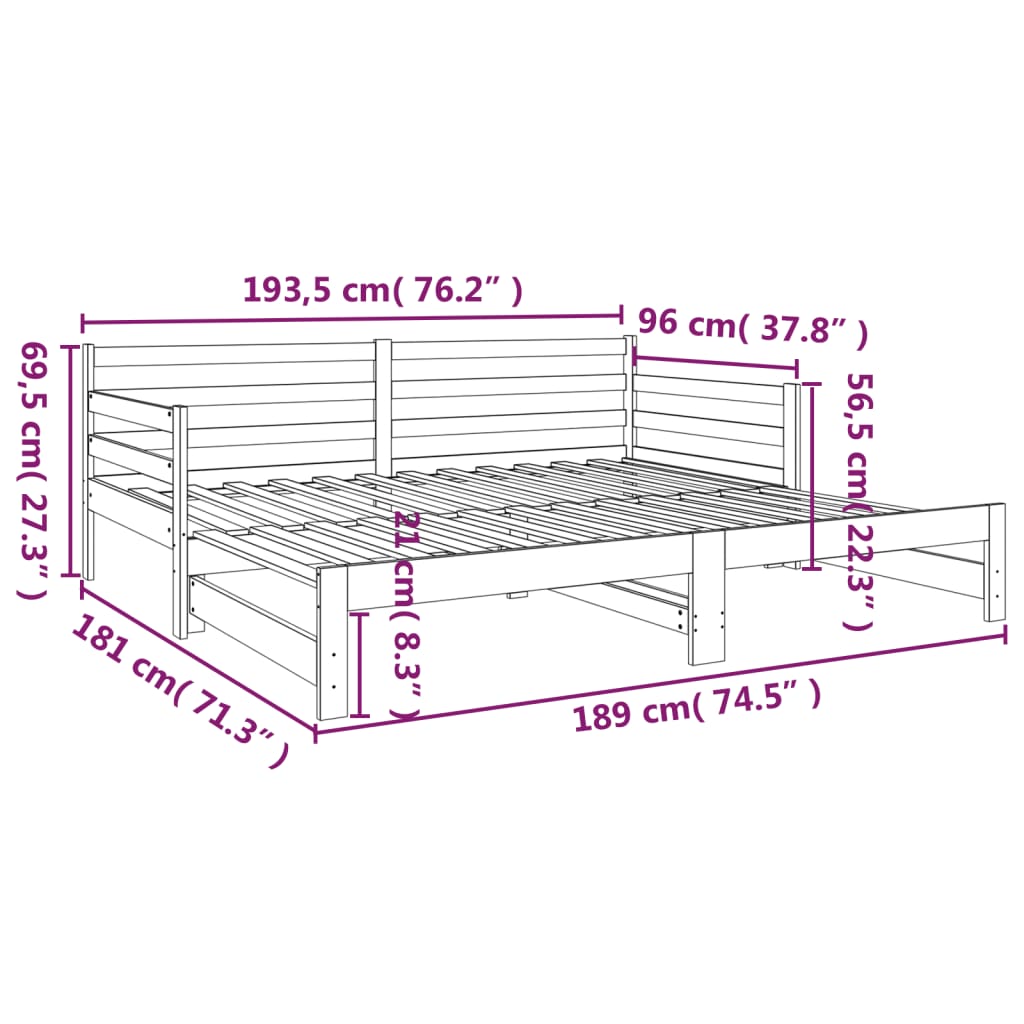 Pat de zi extensibil, negru, 2x(90x190) cm, lemn masiv de pin