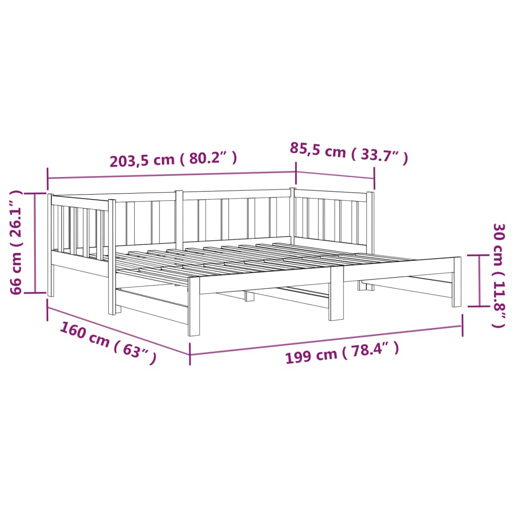 Pat de zi extensibil, negru, 2x(90x190) cm, lemn masiv de pin