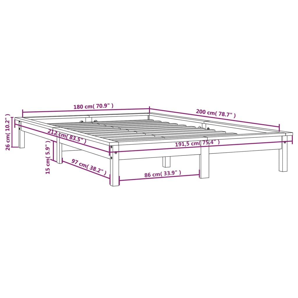 Cadru de pat Super King 6FT, negru, 180x200 cm, lemn masiv pin