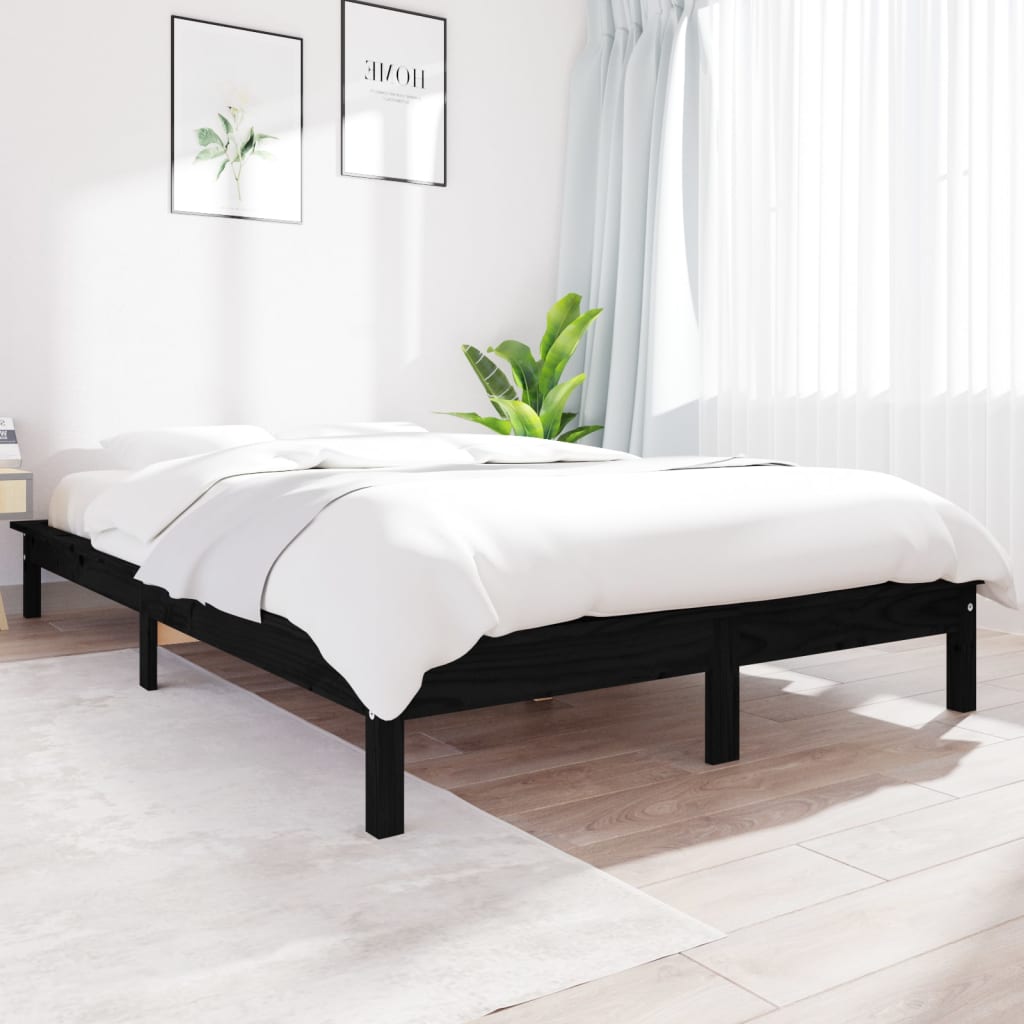 vidaXL Cadru de pat dublu, negru, 135x190 cm, lemn masiv de pin