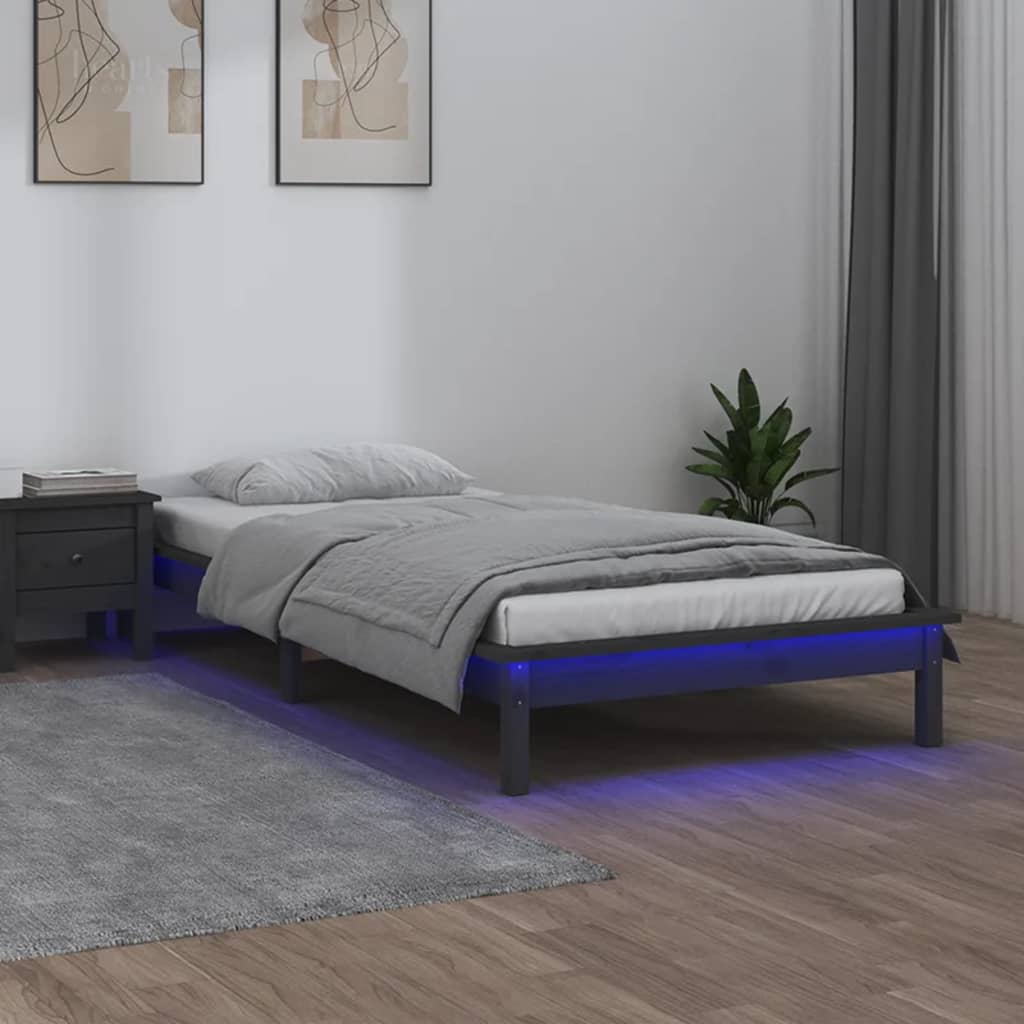 szürke tömör fa ágykeret LED világítással 90x200 cm