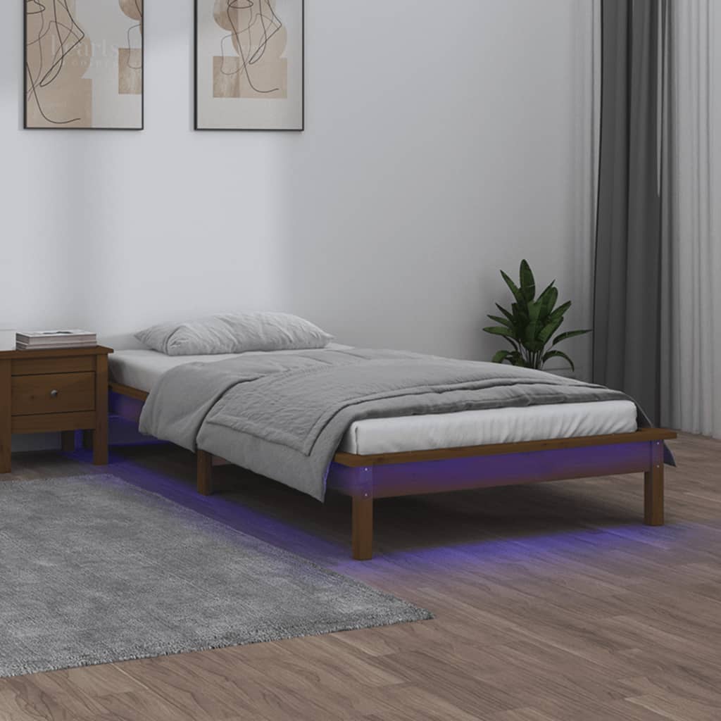 vidaXL Cadru de pat cu LED, maro miere, 90x200 cm, lemn masiv