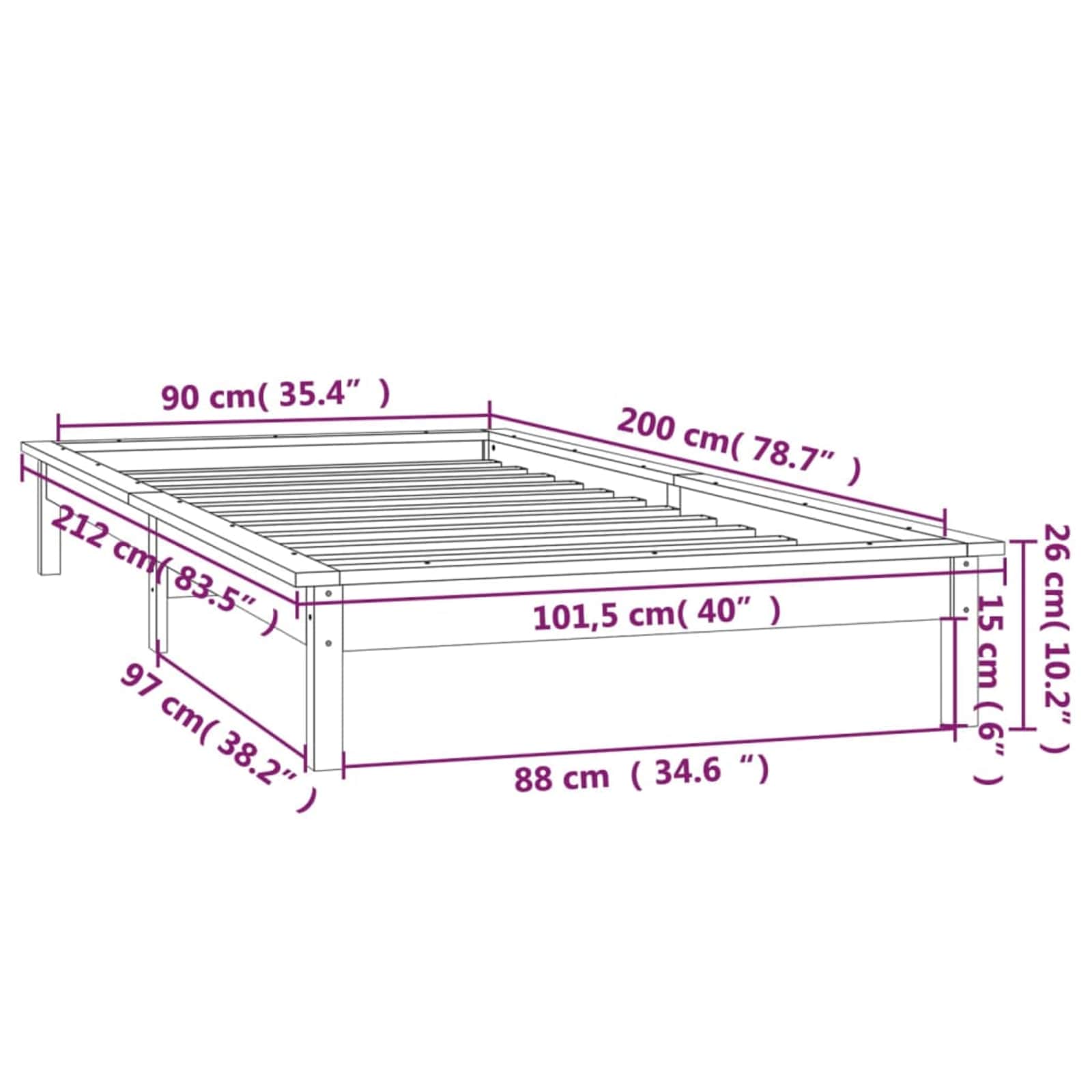 LED Bed Frame without Mattress Solid Wood size guide