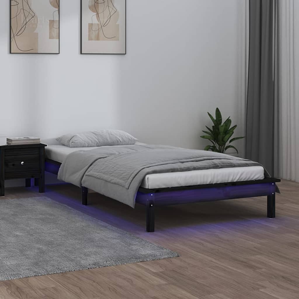 Massivholzbett mit LEDs Schwarz 90×200 cm