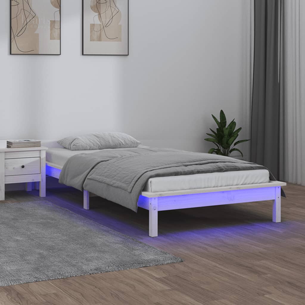 fehér tömör fa LED-es ágykeret 100 x 200 cm