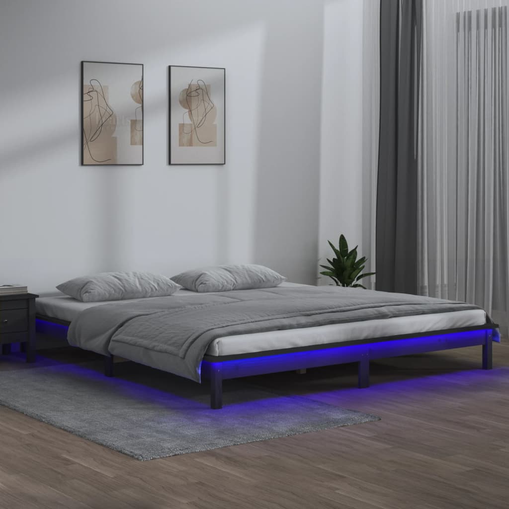 vidaXL Sängynrunko LED-valoilla harmaa 120x200 cm täysi puu