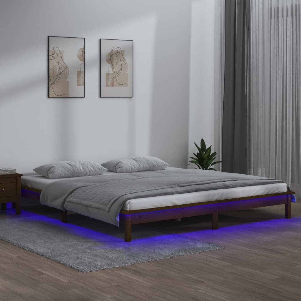 Cadru de pat cu LED, maro miere, 140x200 cm, lemn masiv