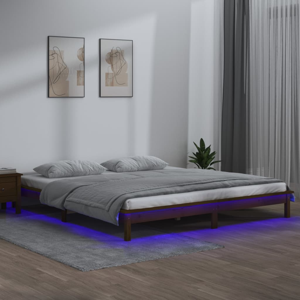 vidaXL Cadru de pat cu LED, maro miere, 140x200 cm, lemn masiv