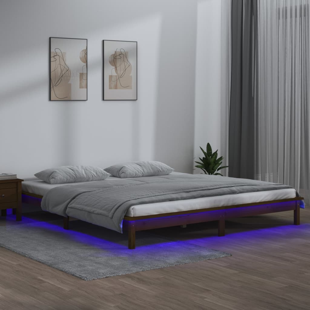 vidaXL Rama ��ka z LED, miodowy br�z, 140x200 cm, lite drewno