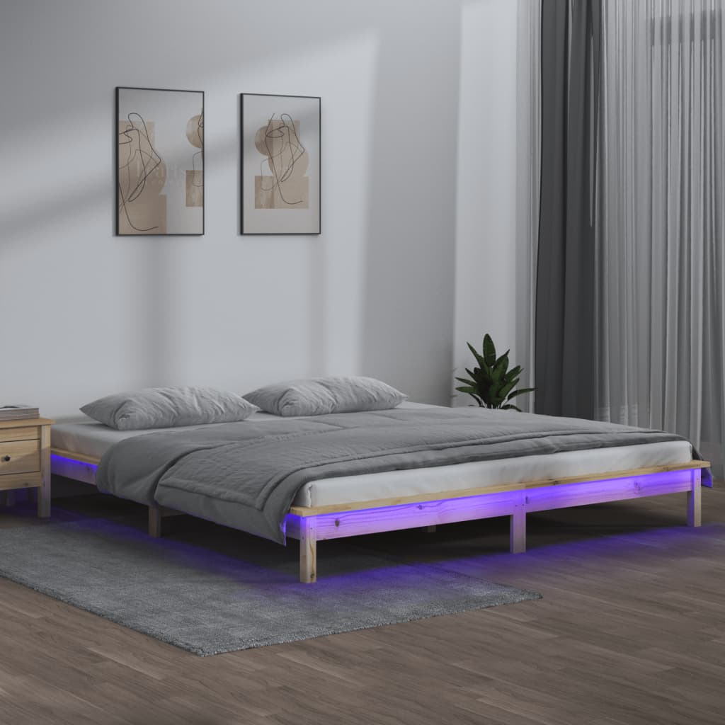 vidaXL Rama ��ka z LED, 150x200 cm, King Size, lite drewno