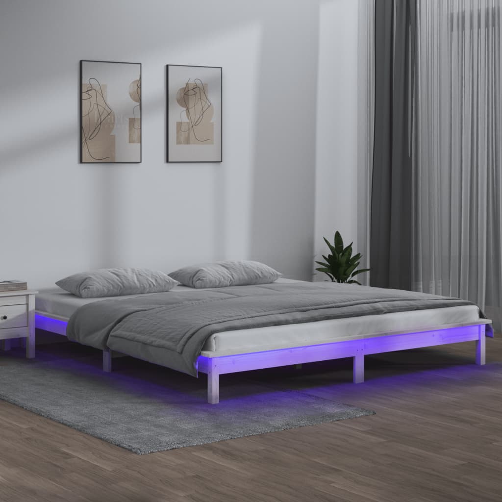 vidaXL Cadru de pat cu LED King Size, alb, 150x200 cm, lemn masiv