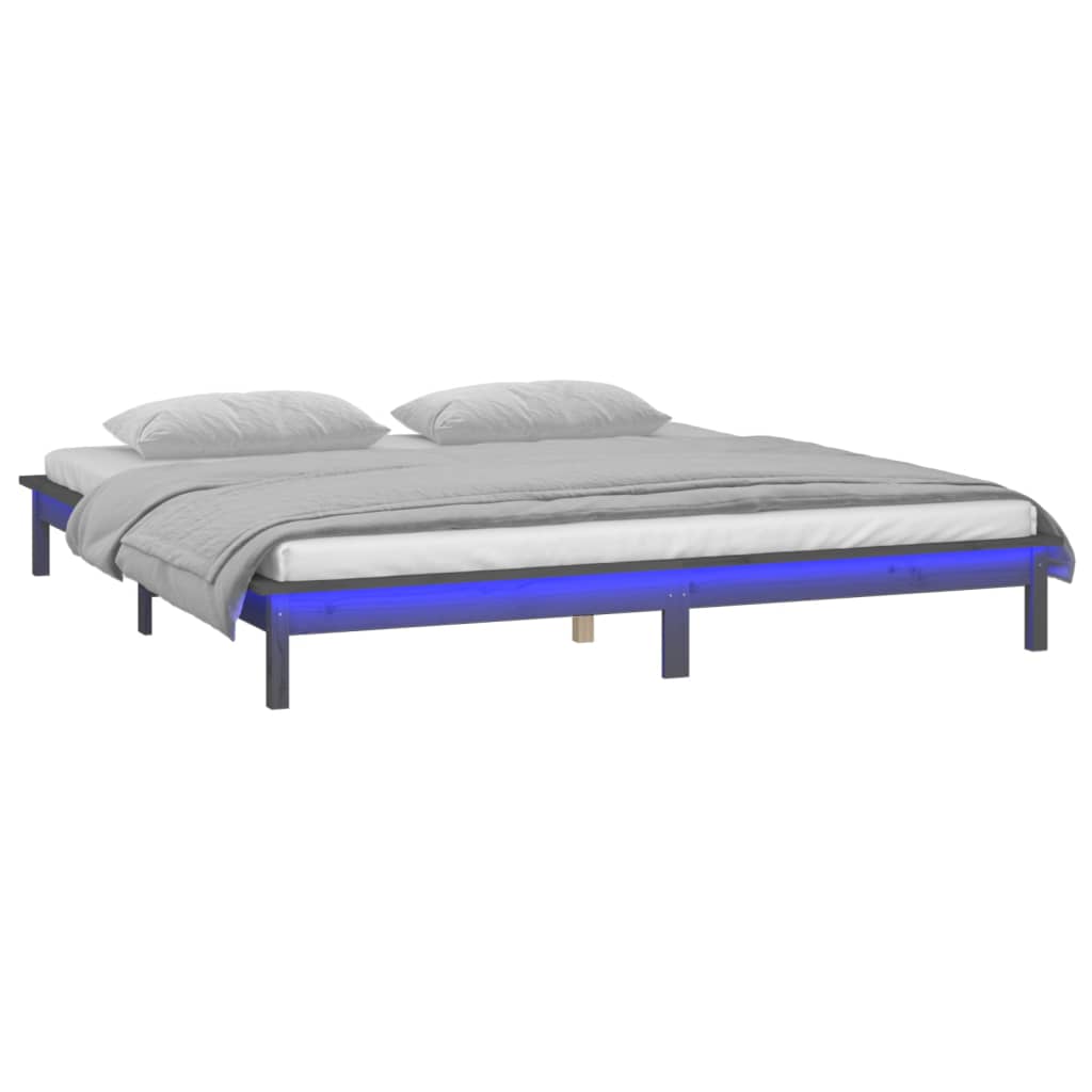vidaXL Cadru de pat cu LED, gri, 150x200 cm, lemn masiv, King Size 5FT
