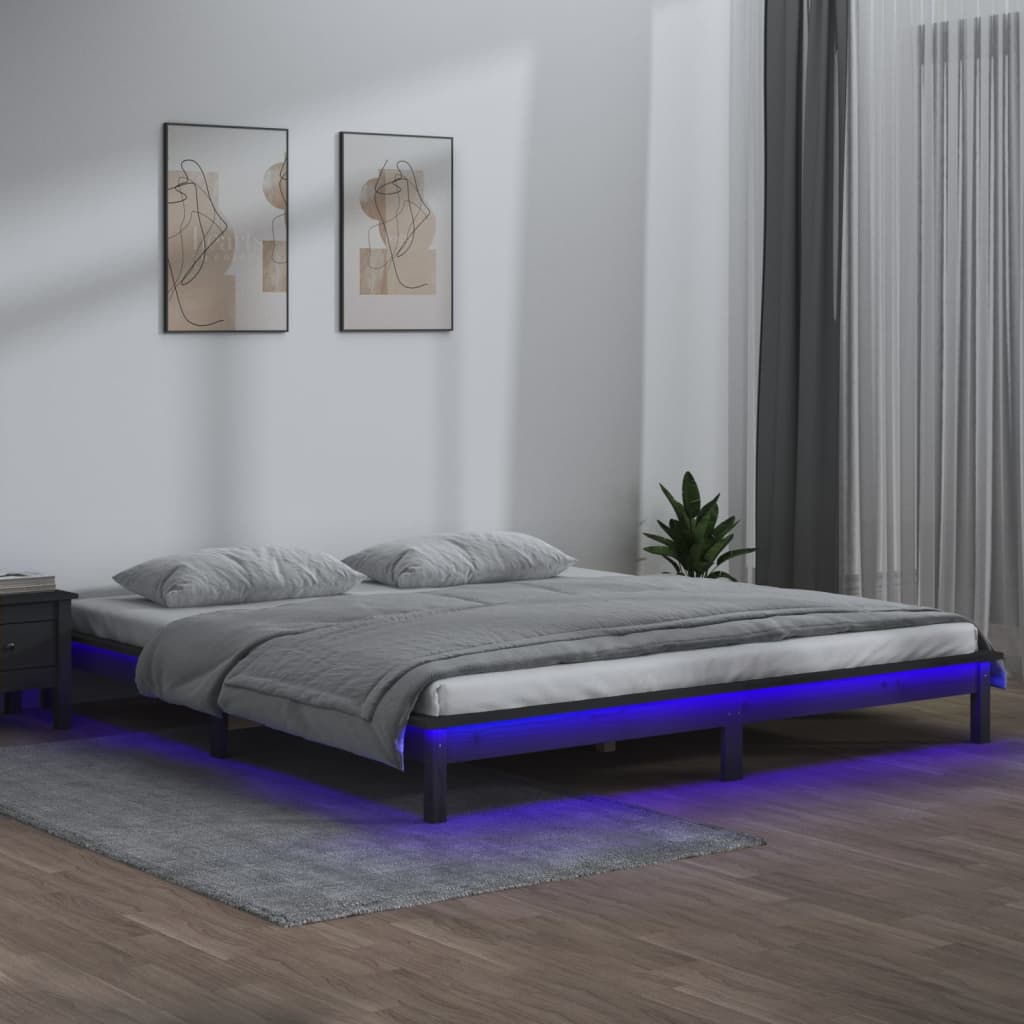Rám postele s LED šedý 150 x 200 cm King Size masivní dřevo
