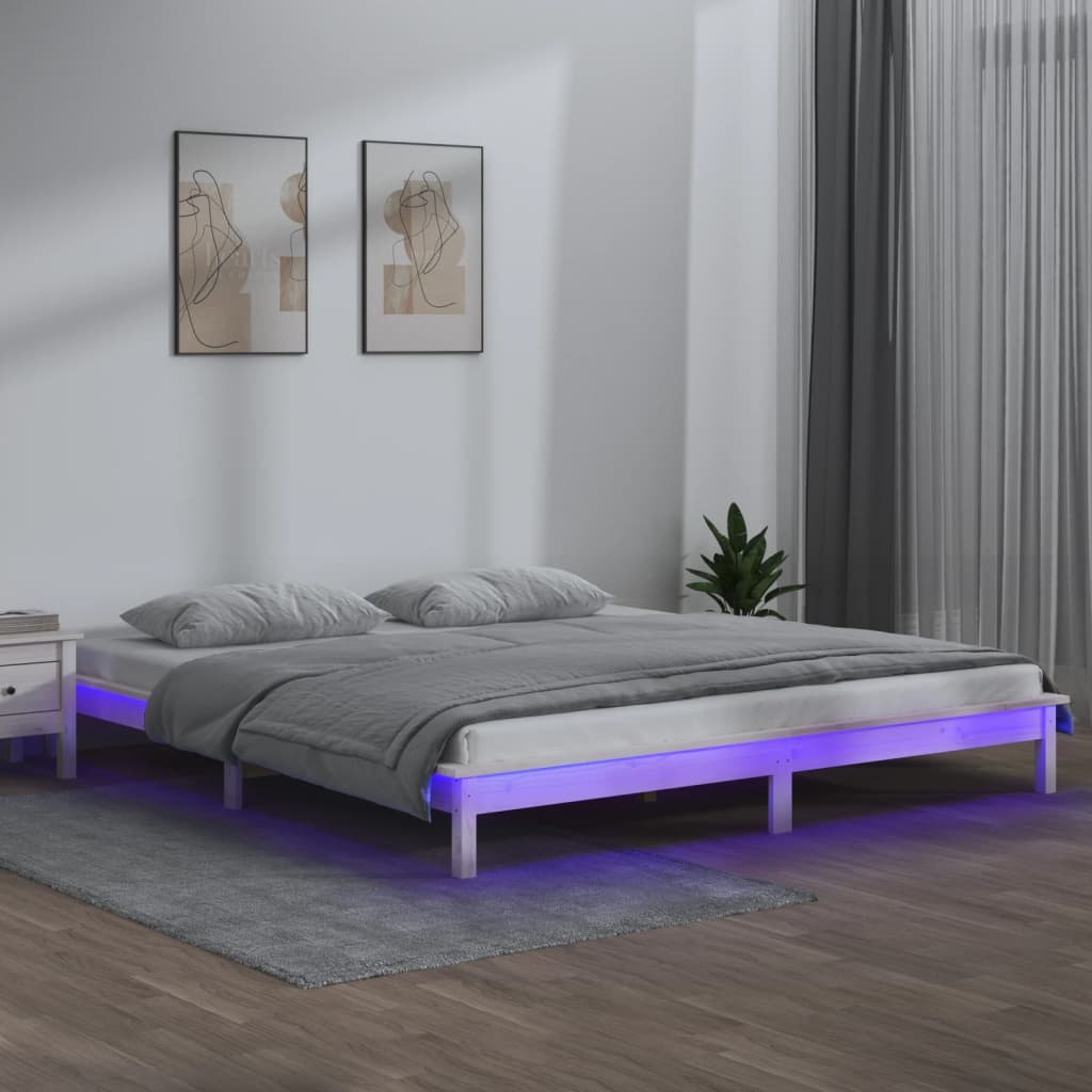 fehér tömör fa ágykeret LED-világítással 160 x 200 cm