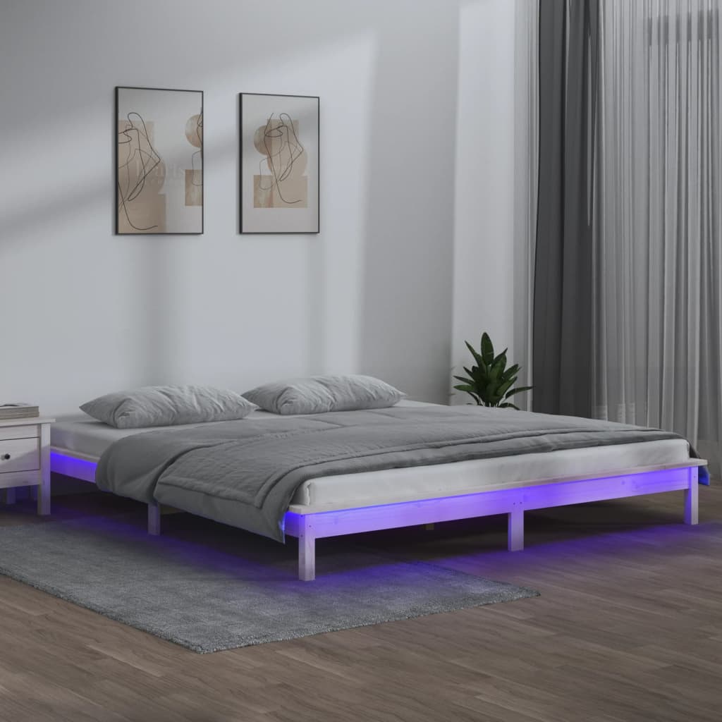 vidaXL sengeramme med LED-lys 160x200 cm massivt træ hvid billede