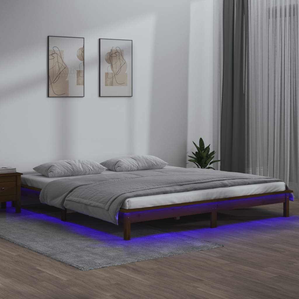 vidaXL Sängynrunko LED-valoilla hunajanruskea 160x200 cm täysi puu