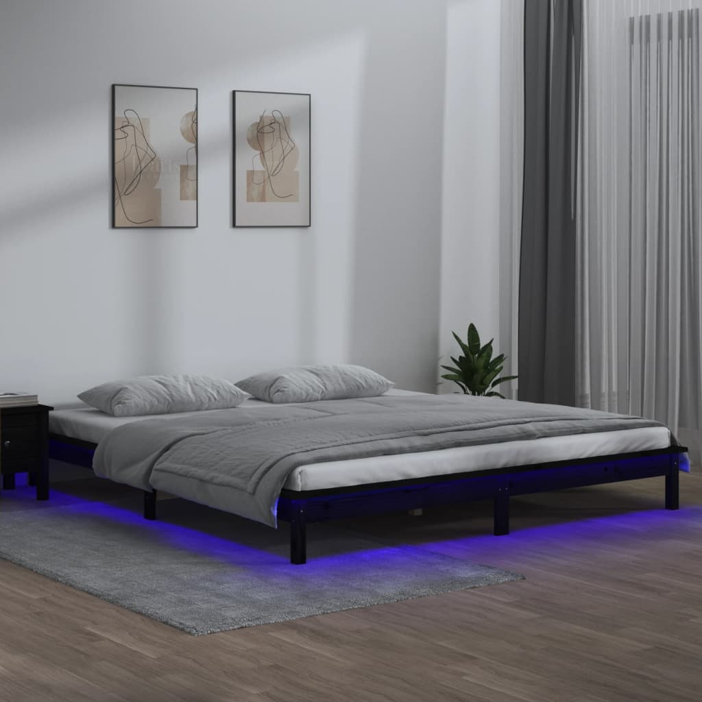 vidaXL Massivholzbett mit LEDs Schwarz 160x200 cm