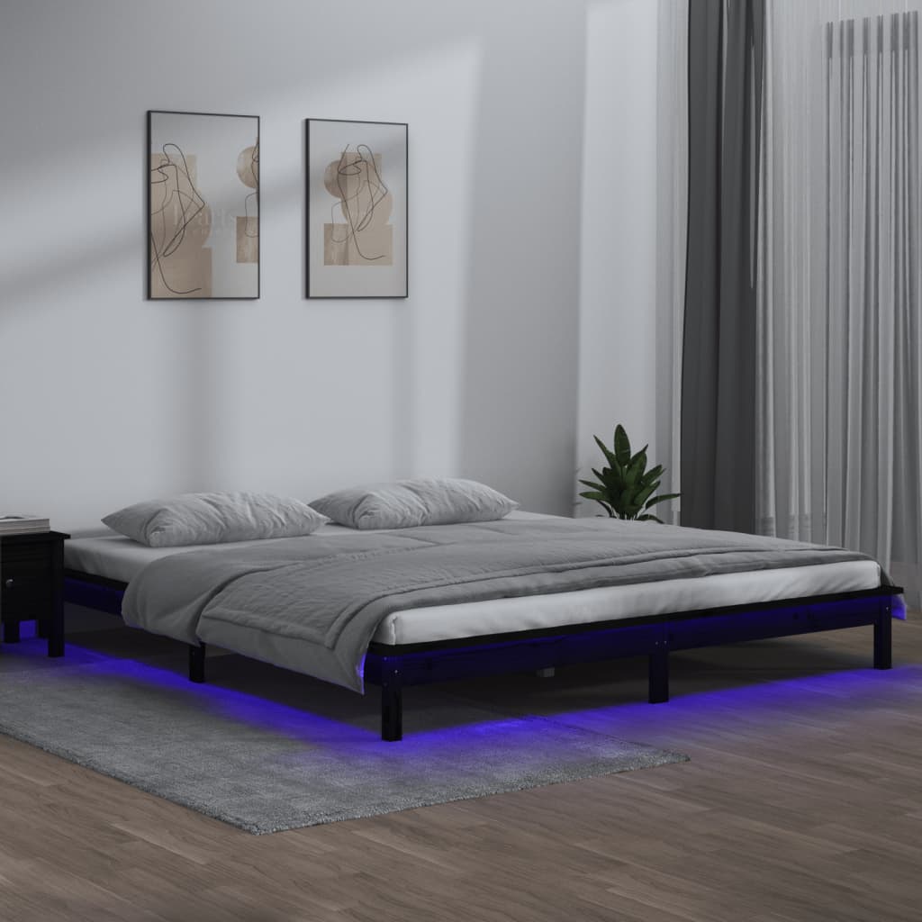 vidaXL Cadru de pat LED Super King Size, negru, 180x200 cm, lemn masiv