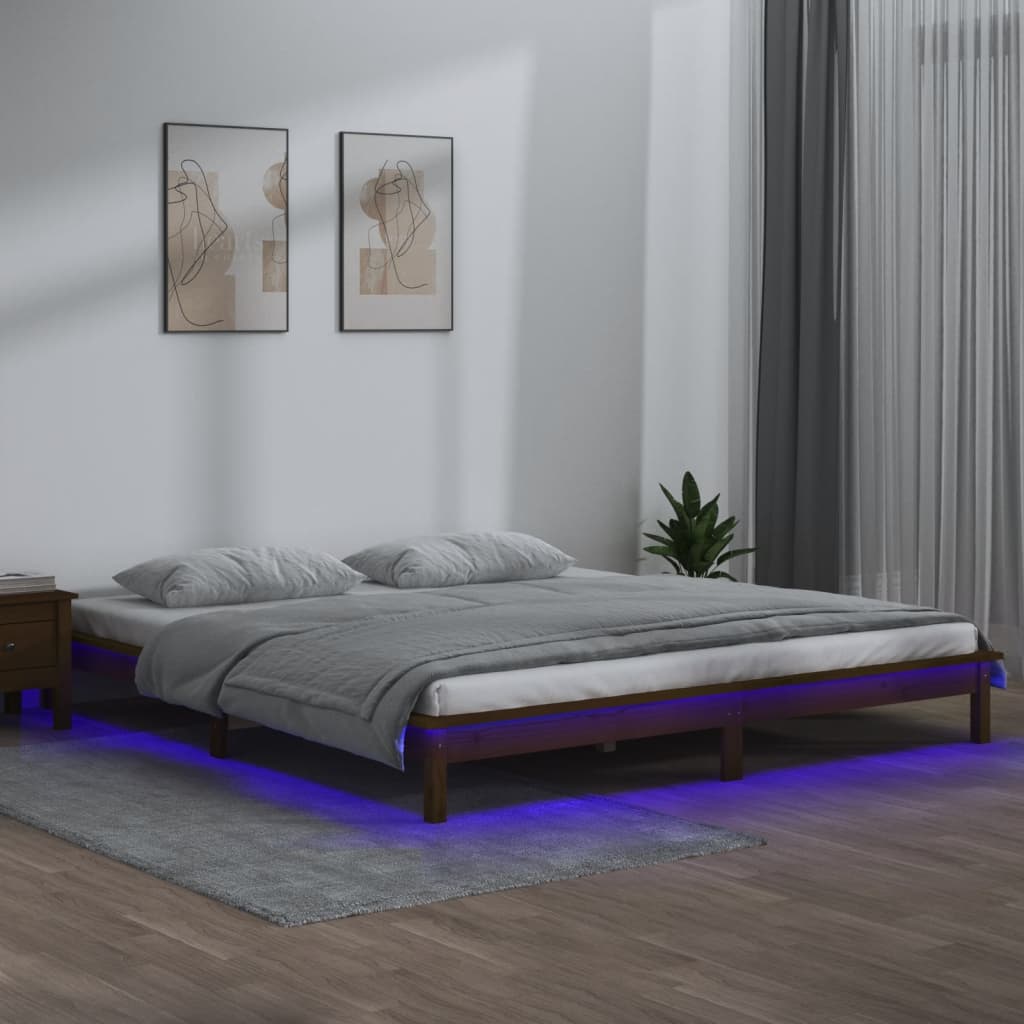 Cadru de pat cu LED, maro miere, 200x200 cm, lemn masiv