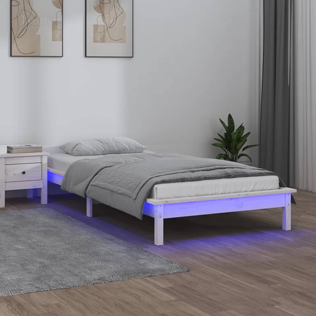 vidaXL Rama ��ka z LED, bia�a, 75x190 cm, pojedyncza, lite drewno